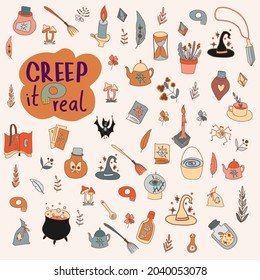Vector of hand drawn doodle cartoon set of objects and symbols on the Halloween theme