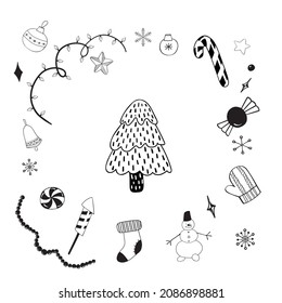 Vector hand drawn Doodle cartoon set of objects and symbols on the Christmas theme