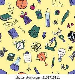 Vector hand drawn doodle cartoon set of school objects and symbols. Seamless pattern