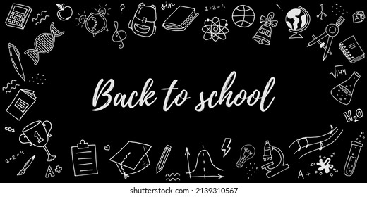 Vector hand drawn doodle cartoon set of school objects and symbols in the district lettering BACK TO SCHOOL.
