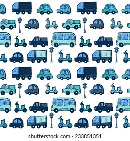 Vector hand drawn doodle cartoon cars seamless pattern