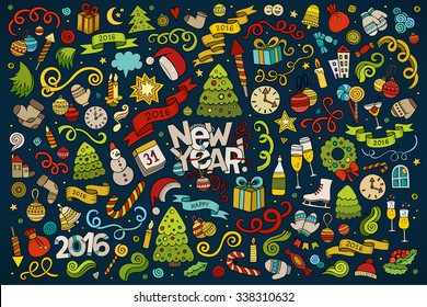 Vector hand drawn Doodle cartoon set of objects and symbols on the New Year theme