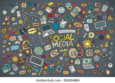 Vector hand drawn Doodle cartoon set of objects and symbols on the Social Media theme