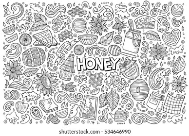 Vector hand drawn doodle cartoon set of Honey theme items, objects and symbols