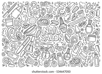 Vector hand drawn doodle cartoon set of Nail salon theme items, objects and symbols