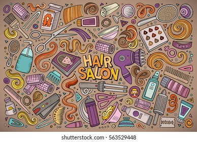 Vector hand drawn doodle cartoon set of Hair salon theme items, objects and symbols 