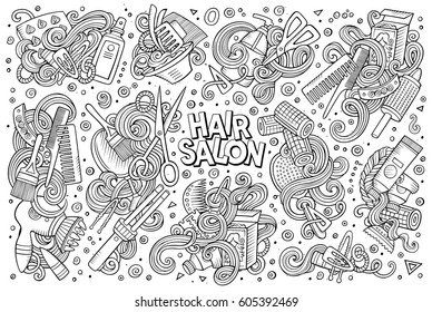 Vector hand drawn doodle cartoon set of Hair salon theme items, objects and symbols