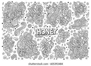 Vector hand drawn doodle cartoon set of Honey theme items, objects and symbols