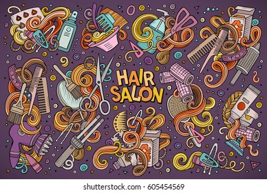 Vector hand drawn doodle cartoon set of Hair salon theme items, objects and symbols