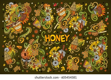 Vector hand drawn doodle cartoon set of Honey theme items, objects and symbols