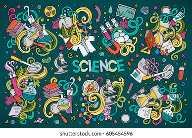 Vector hand drawn doodle cartoon set of Science theme items, objects and symbols