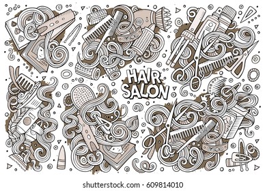 Vector hand drawn doodle cartoon set of Hair salon theme items, objects and symbols