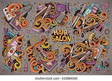 Vector hand drawn doodle cartoon set of Hair salon theme items, objects and symbols