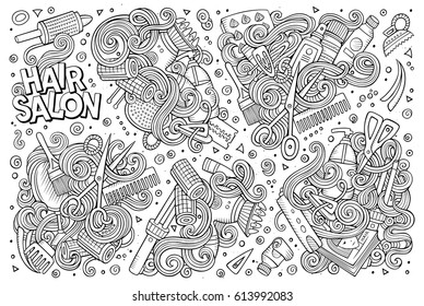 Vector hand drawn doodle cartoon set of Hair salon theme items, objects and symbols