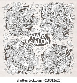 Vector hand drawn doodle cartoon set of Hair salon theme items, objects and symbols. Paper background