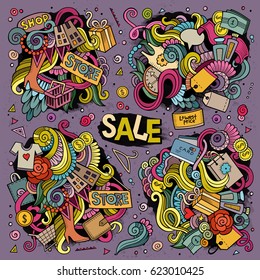 Vector hand drawn doodle cartoon set of Sale theme items, objects and symbols
