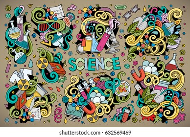 Vector hand drawn doodle cartoon set of Science theme items, objects and symbols