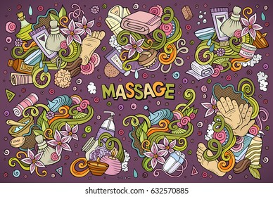 Vector hand drawn doodle cartoon set of Massage and Spa objects and symbols