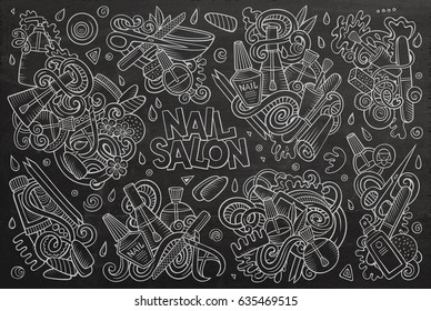 Vector hand drawn doodle cartoon set of Nail salon theme items, objects and symbols