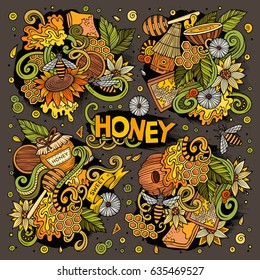 Vector hand drawn doodle cartoon set of Honey theme items, objects and symbols