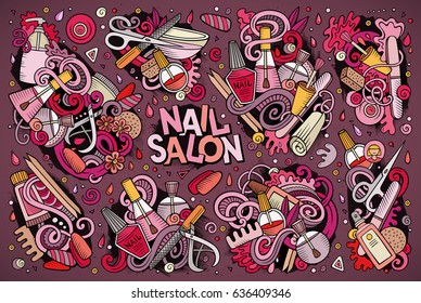 Vector hand drawn doodle cartoon set of Nail salon theme items, objects and symbols