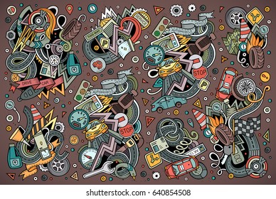 Vector hand drawn doodle cartoon set of Automobile objects and symbols