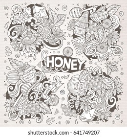 Vector hand drawn doodle cartoon set of Honey theme items, objects and symbols