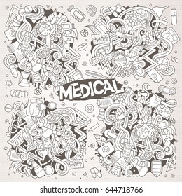 Vector hand drawn doodle cartoon set of Medic theme items, objects and symbols