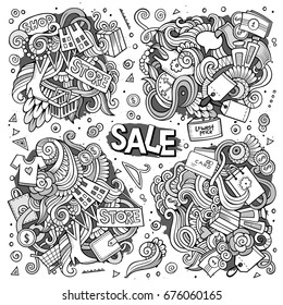 Vector hand drawn doodle cartoon set of Sale theme items, objects and symbols