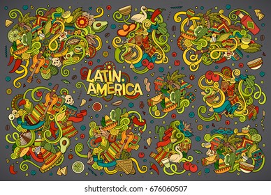 Vector hand drawn Doodle cartoon set of objects and symbols on the Latin America theme