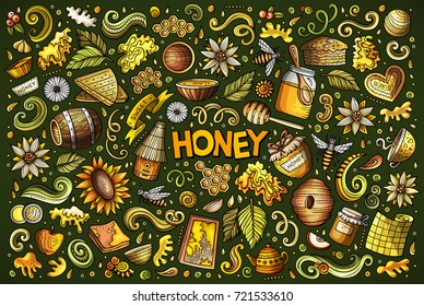 Vector hand drawn doodle cartoon set of Honey theme items, objects and symbols