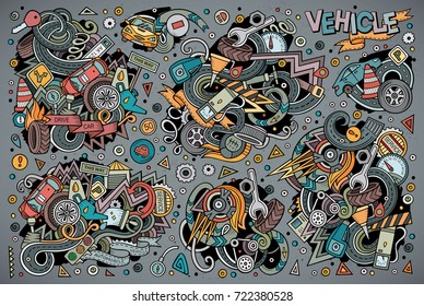 Vector hand drawn doodle cartoon set of Automobile objects and symbols