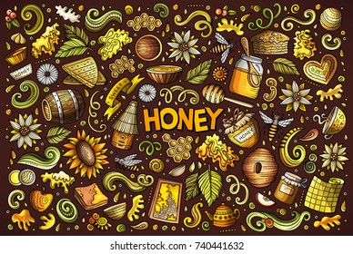 Vector hand drawn doodle cartoon set of Honey theme items, objects and symbols