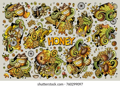 Vector hand drawn doodle cartoon set of Honey theme items, objects and symbols. All objects separate.