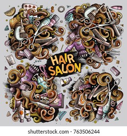 Vector hand drawn doodle cartoon set of Hair salon theme items, objects and symbols. All objects separate.