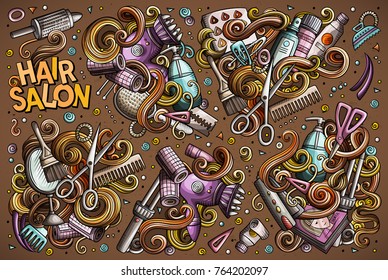 Vector hand drawn doodle cartoon set of Hair salon theme items, objects and symbols. All objects separate.