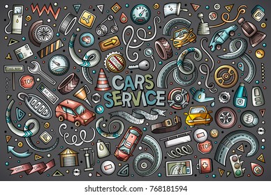 Vector hand drawn doodle cartoon set of Automobile objects and symbols