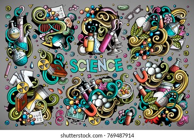 Vector hand drawn doodle cartoon set of Science theme items, objects and symbols. All objects separate.