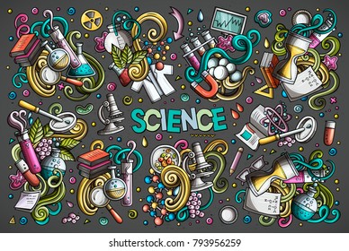 Vector hand drawn doodle cartoon set of Science theme items, objects and symbols. All objects separate.