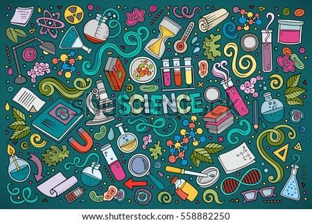 Vector hand drawn doodle cartoon set of Science theme items, objects and symbols