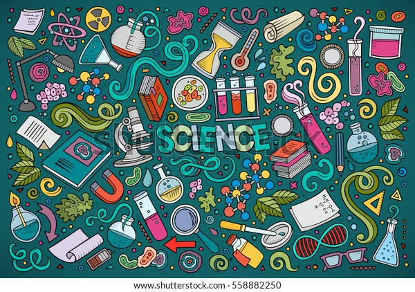 Vector hand drawn doodle cartoon set of Science\
theme items, objects and\
symbols