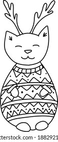 Vector hand drawn doodle cat with antlers in a knitted sweater. New Year winter illustration