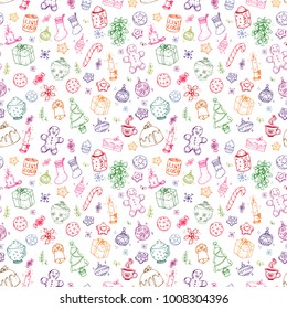 Vector hand drawn doodle christmas celebration set, with food, sweets, candles, drinks and christmas tree, with colorful line art and uncolored