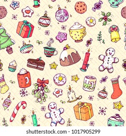 Vector hand drawn doodle Christmas celebration set, with food, sweets, candles, drinks and Christmas tree, with line art and colored on yellow background