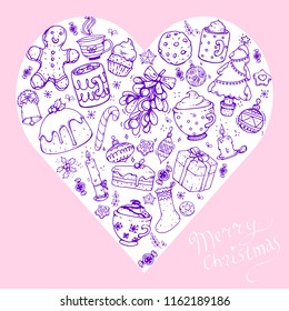 Vector hand drawn doodle christmas celebration collection set, with food, sweets, candles, drinks and christmas tree, with line art and colored in a heart shape