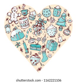 Vector hand drawn doodle christmas celebration collection set, with food, sweets, candles, drinks and christmas tree, with line art and colored in a heart shape