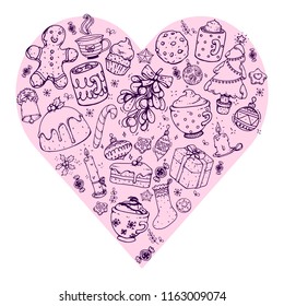 Vector hand drawn doodle christmas celebration collection set, with food, sweets, candles, drinks and christmas tree, with line art and colored in a heart shape