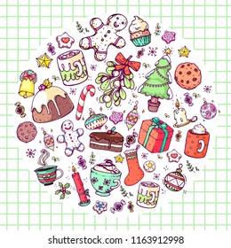 Vector hand drawn doodle christmas celebration collection set, with food, sweets, candles, drinks and christmas tree, with line art and colored in a circle shape