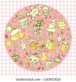 Vector hand drawn doodle christmas celebration collection set, with food, sweets, candles, drinks and christmas tree, with line art and colored in a circle shape
