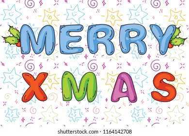 Vector hand drawn doodle christmas celebration title merry xmas, with berry and leaf on a colorful star background, for cards, posters, banners, leaflets
